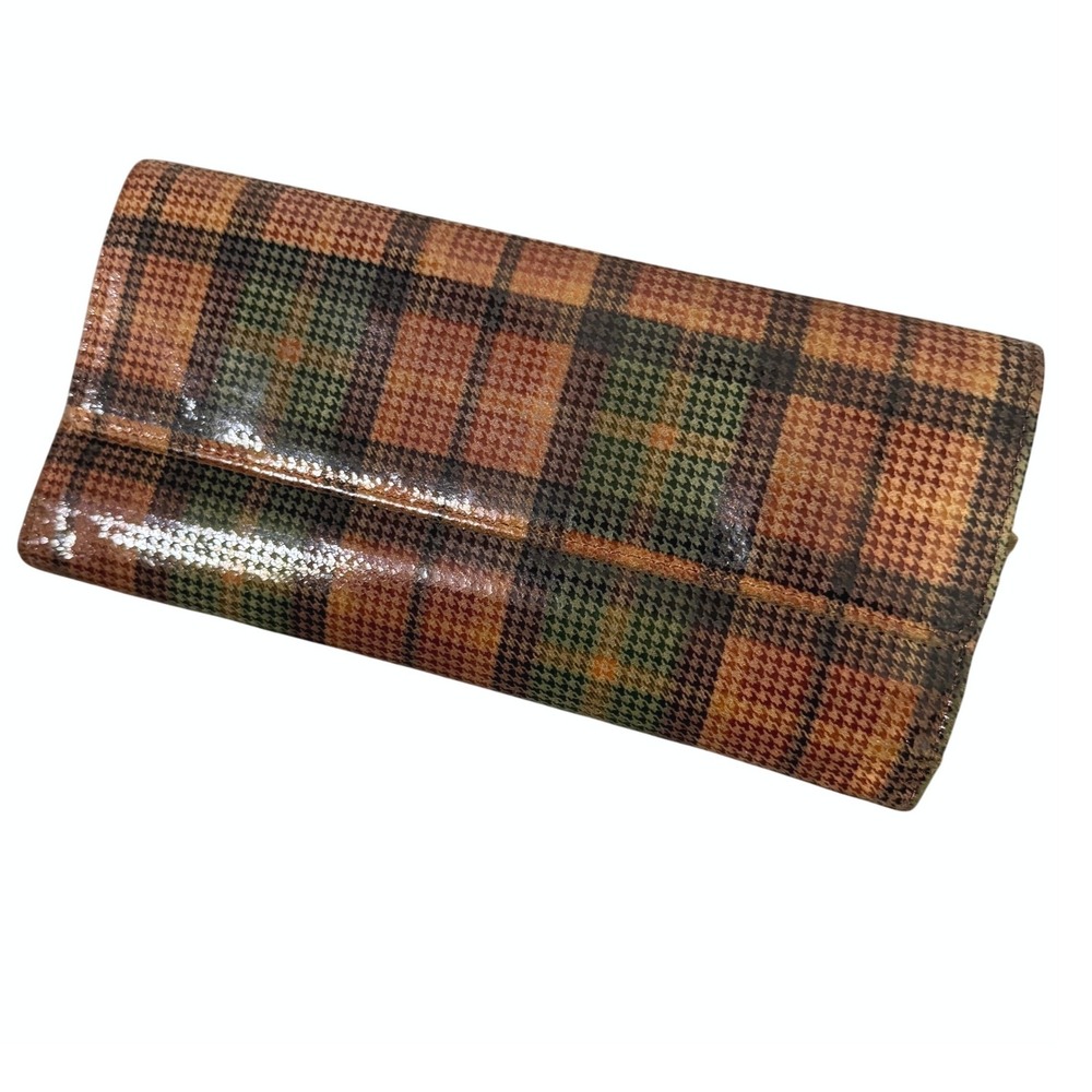 VTG Hobo International Mavis Houndstooth Plaid Leather Trifold Wallet Clutch